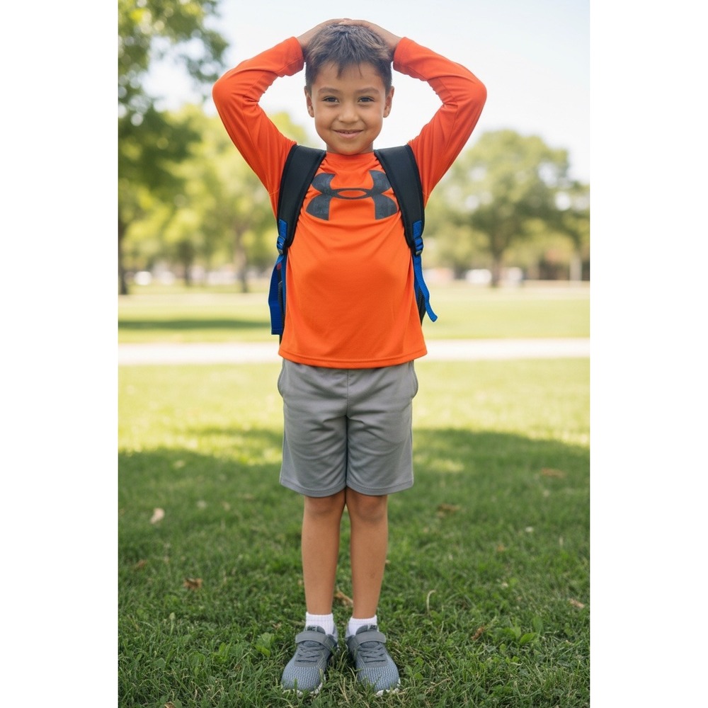 Under Armour Boys Orange HeatGear Long Sleeve Graphic Logo‎ Athletic Shirt YLG